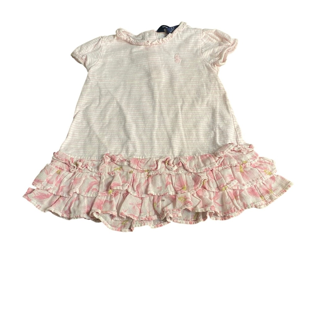 Ralph Lauren pink striped ruffle bottom short sleeve shirt dress SIZE 12M